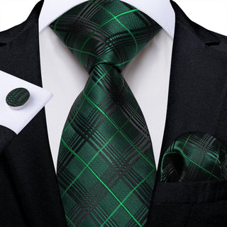 Black Green Plaid Silk Necktie Pocket Square Cufflinks Set