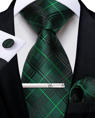 New Green Striped Silk Necktie Pocket Square Cufflinks Set