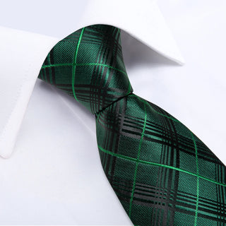 New Green Striped Silk Necktie Pocket Square Cufflinks Set