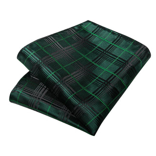 New Green Striped Silk Necktie Pocket Square Cufflinks Set