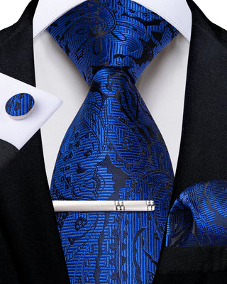 Blue Floral Novelty Silk Necktie Pocket Square Cufflinks Set