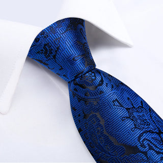 Blue Floral Novelty Silk Necktie Pocket Square Cufflinks Set
