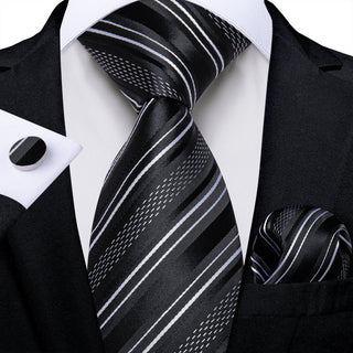 Black White Striped Silk Necktie Pocket Square Cufflinks Set