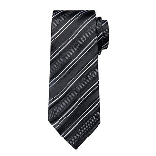 Black White Striped Silk Necktie Pocket Square Cufflinks Set