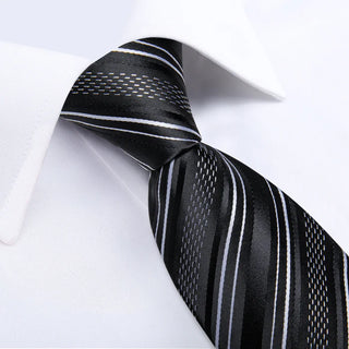 Black White Striped Silk Necktie Pocket Square Cufflinks Set