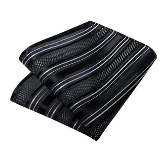 Black White Striped Silk Necktie Pocket Square Cufflinks Set