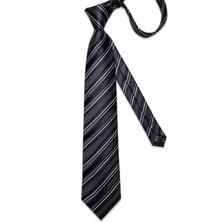 Black White Striped Silk Necktie Pocket Square Cufflinks Set