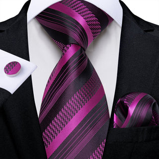 New Purple Black Striped Silk Necktie Pocket Square Cufflinks Set