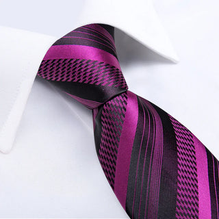 New Purple Black Striped Silk Necktie Pocket Square Cufflinks Set