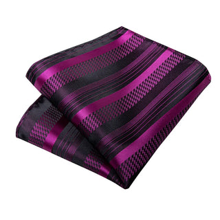 New Purple Black Striped Silk Necktie Pocket Square Cufflinks Set