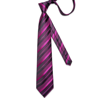 New Purple Black Striped Silk Necktie Pocket Square Cufflinks Set