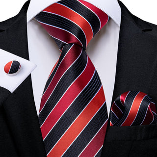 Black Red Striped Silk Necktie Pocket Square Cufflinks Set