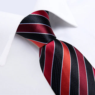 Black Red Striped Silk Necktie Pocket Square Cufflinks Set