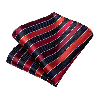 Black Red Striped Silk Necktie Pocket Square Cufflinks Set