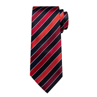 Black Red Striped Silk Necktie Pocket Square Cufflinks Set