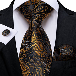 Black Golden Paisley Silk Necktie Pocket Square Cufflinks Set