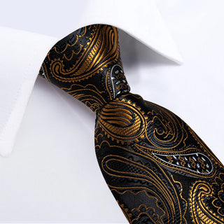 Black Golden Paisley Silk Necktie Pocket Square Cufflinks Set