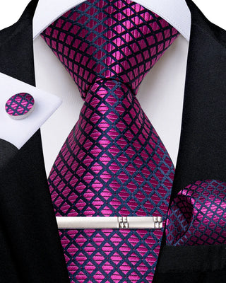 Purple Dark Magenta Plaid Silk Necktie Pocket Square Cufflinks Set