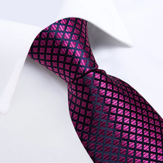 Purple Dark Magenta Plaid Silk Necktie Pocket Square Cufflinks Set