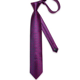 Purple Dark Magenta Plaid Silk Necktie Pocket Square Cufflinks Set