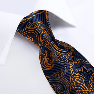 New Blue Golden Floral Silk Men's Necktie Pocket Square Cufflinks Set