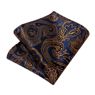 New Blue Golden Floral Silk Men's Necktie Pocket Square Cufflinks Set