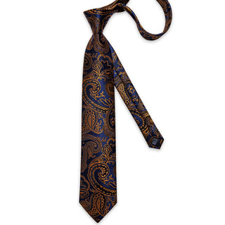 New Blue Golden Floral Silk Men's Necktie Pocket Square Cufflinks Set