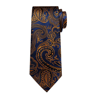 New Blue Golden Floral Silk Men's Necktie Pocket Square Cufflinks Set