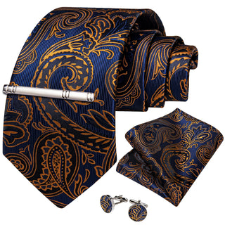 New Blue Golden Floral Silk Men's Necktie Pocket Square Cufflinks Set