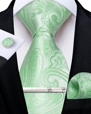 New Mint Green Floral Silk Necktie Pocket Square Cufflinks Set