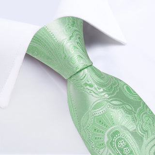 New Mint Green Floral Silk Necktie Pocket Square Cufflinks Set