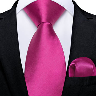 Solid Pink Silk Necktie Pocket Square Cufflinks Set