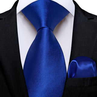 Solid Blue Formal Business Silk Necktie Pocket Square Cufflinks Set