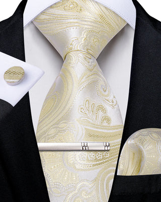New Champagne Floral Silk Necktie Pocket Square Cufflinks Set