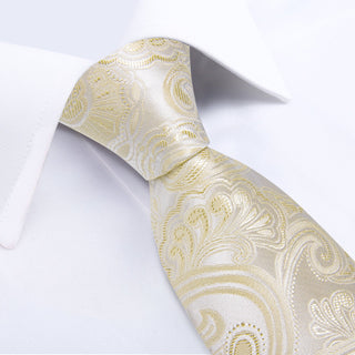 New Champagne Floral Silk Necktie Pocket Square Cufflinks Set