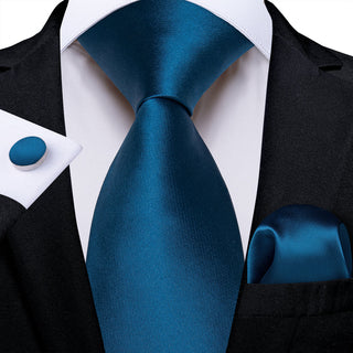 New Solid Blue Silk Necktie Pocket Square Cufflinks Set