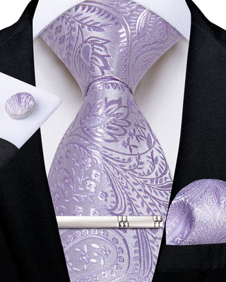 Periwinkle Purple Paisley Silk Necktie Pocket Square Cufflinks Set