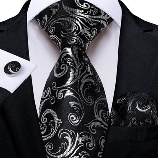 Black Silver Floral Silk Necktie Pocket Square Cufflinks Set