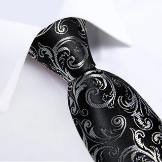Black Silver Floral Silk Necktie Pocket Square Cufflinks Set