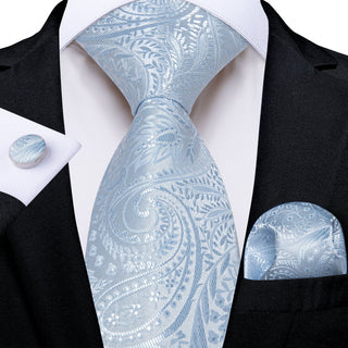 Solid Light Blue Silk Necktie Pocket Square Cufflinks Set