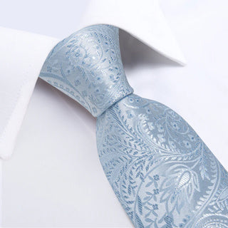 Solid Light Blue Silk Necktie Pocket Square Cufflinks Set