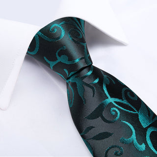 New Black Teal Floral Silk Men's Necktie Pocket Square Cufflinks Set