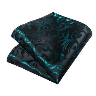New Black Teal Floral Silk Men's Necktie Pocket Square Cufflinks Set
