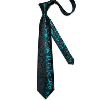 New Black Teal Floral Silk Men's Necktie Pocket Square Cufflinks Set
