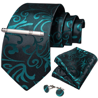 New Black Teal Floral Silk Men's Necktie Pocket Square Cufflinks Set