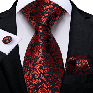 Black Red Floral Novelty Silk Necktie Pocket Square Cufflinks Set