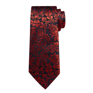 Black Red Floral Novelty Silk Necktie Pocket Square Cufflinks Set