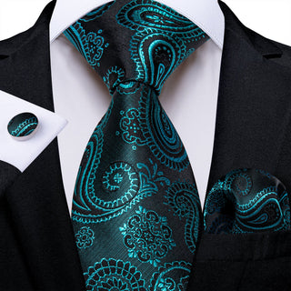 Black Teal Paisley Silk Necktie Pocket Square Cufflinks Set