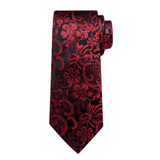 New Black Red Floral Silk Necktie Pocket Square Cufflinks Set