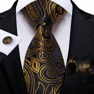 Black Golden Floral Silk Necktie Pocket Square Cufflinks Set